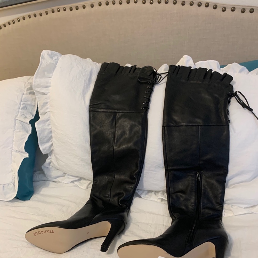 NWT Black Leather 4” Heel Lace-up over Knee  Boots